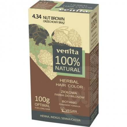 Venita 100% natural gyógynövényes hajfesték 4.34 mogyoró barna 100 g